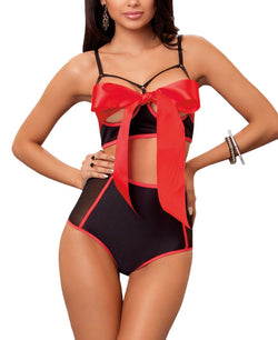 Icollection I'm Yours Satin Bow Open Cup 2pc Lingerie Set Red thumbnail 1
