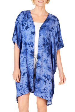 Jenni Lightweight Printed Short Sleeve Wrap in Blue Tie Dye thumbnail 1