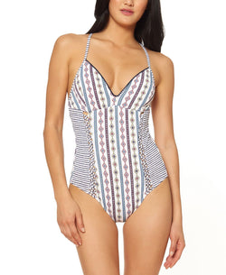Jessica Simpson Moroccan Stripe Printed One-piece Swimsuit White Multi thumbnail 1