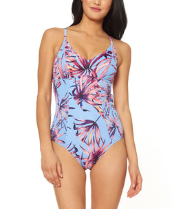 Jessica Simpson Palmy Days Printed Smocked-sides One-piece Swimsuit Lilac Multi thumbnail 1