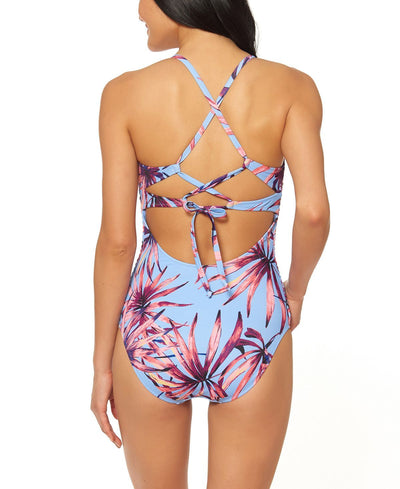 Jessica Simpson Palmy Days Printed Smocked-sides One-piece Swimsuit Lilac Multi
