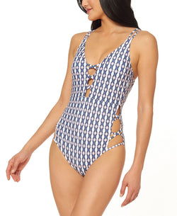 Jessica Simpson Venice Beach Printed Plunging Strappy One-piece Swimsuit Multi thumbnail 1