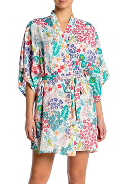 Josie by Natori Lotus Bouquet Kimono Wrap Robe in White/Multi thumbnail 1