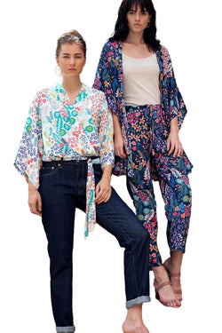 Josie by Natori Lotus Bouquet Kimono Wrap Robe in White/Multi thumbnail 4