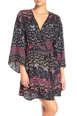 Josie by Natori Printed Twill Short Robe in Black/Multi thumbnail 1