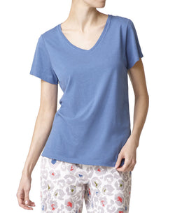 Kendall + Kylie Hue Wo Solid Short Sleeve V-neck Pajama T-shirt Blue Horizon thumbnail 1