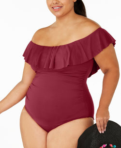 La Blanca Plus Island Goddess Off-the-shoulder One-piece Swimsuit Wine thumbnail 1