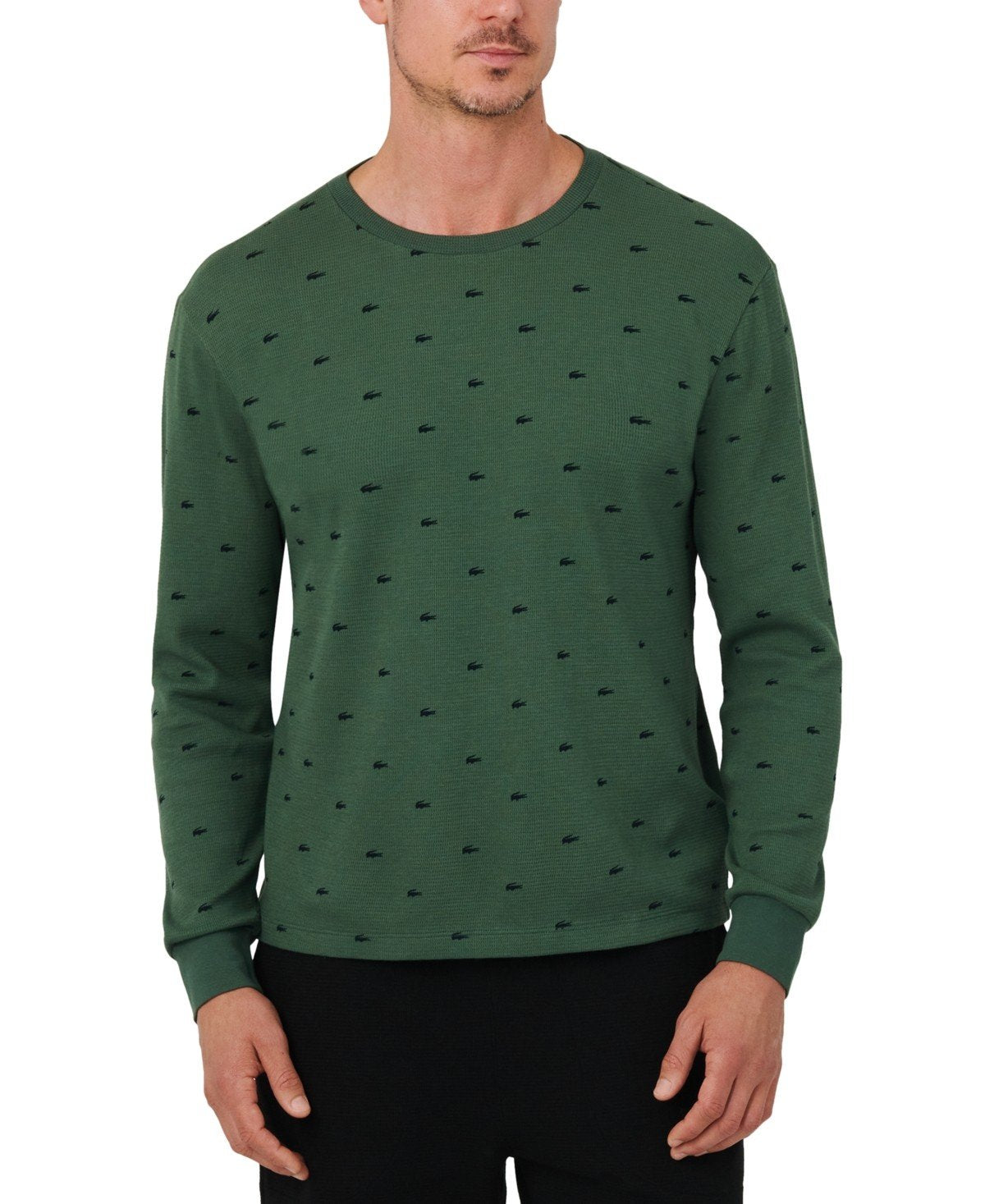 Lacoste All Over Croc Print Long - Sleeve Thermal Sleep Shirt - GREEN