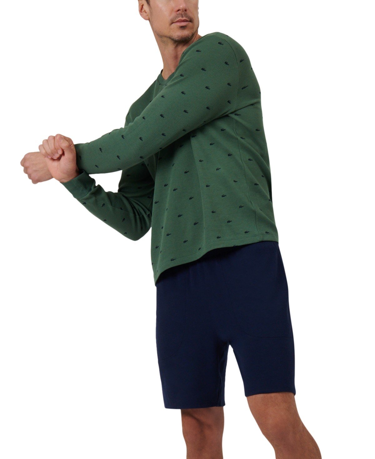 Lacoste All Over Croc Print Long - Sleeve Thermal Sleep Shirt - GREEN