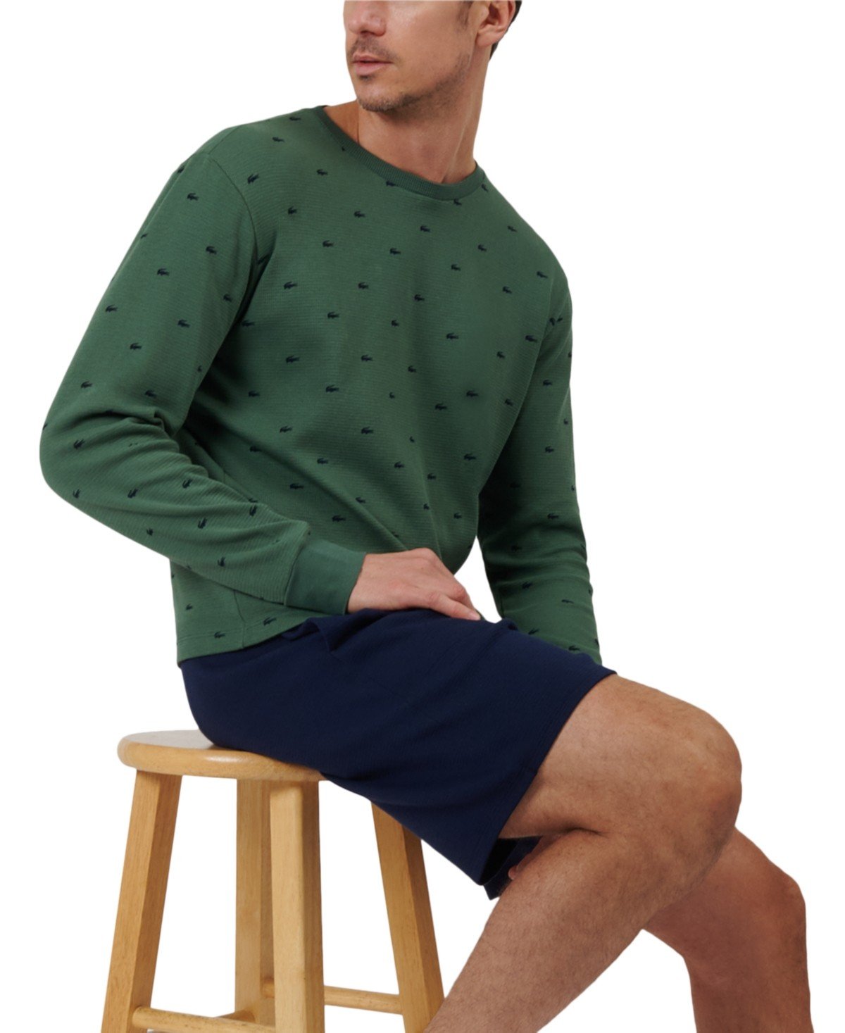 Lacoste All Over Croc Print Long - Sleeve Thermal Sleep Shirt - GREEN