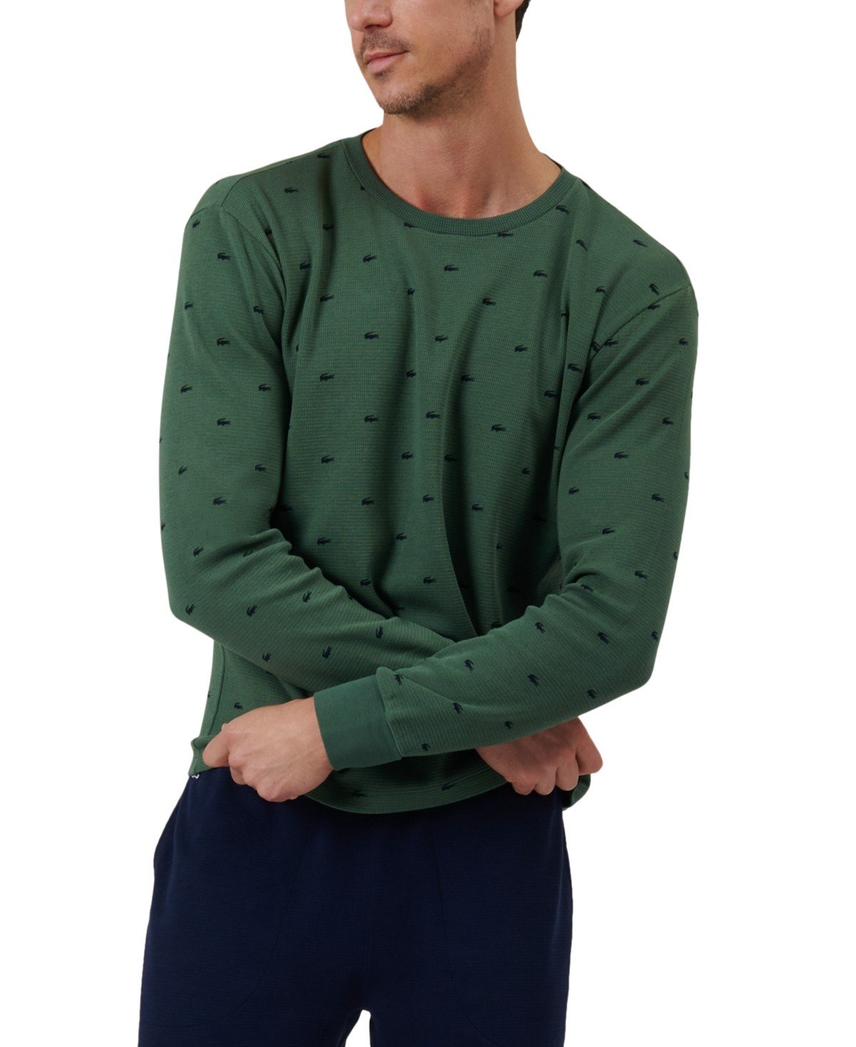 Lacoste All Over Croc Print Long - Sleeve Thermal Sleep Shirt - GREEN