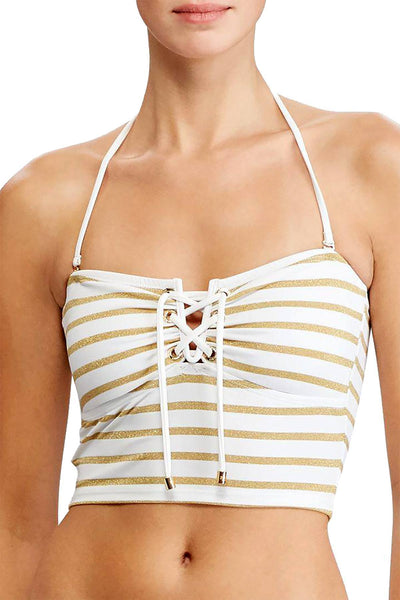 Lauren Ralph Lauren Metallic Stripe Lace Up Bikini Top in White/Gold