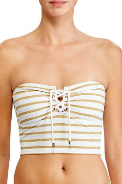 Lauren Ralph Lauren Metallic Stripe Lace Up Bikini Top in White/Gold thumbnail 4