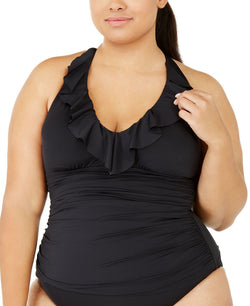 Lauren Ralph Lauren Plus Beach Club Ruffled Tankini Top Black thumbnail 1