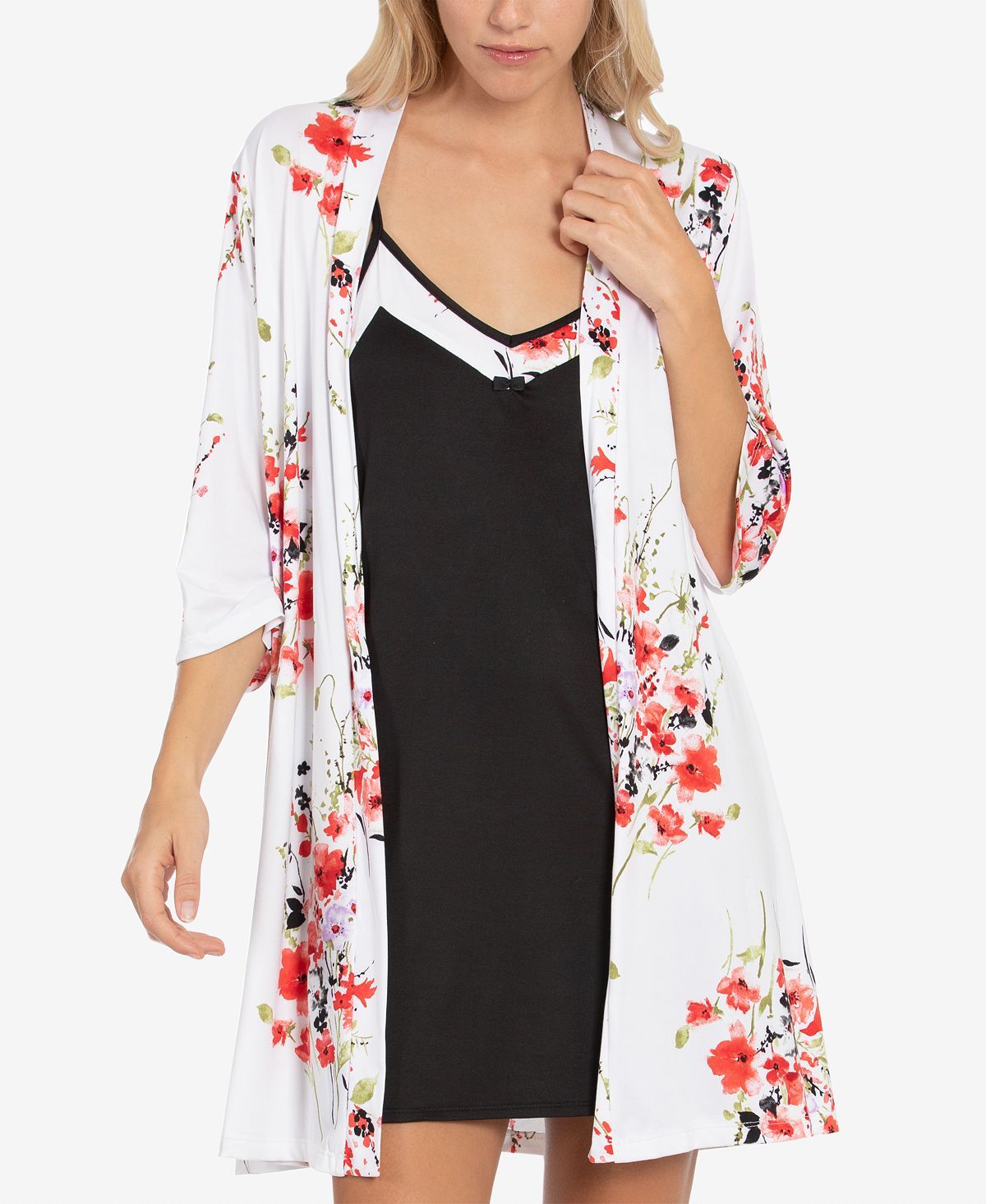 Linea Donatella Floral-print Chemise Nightgown & Wrap Robe Set Iroy Black