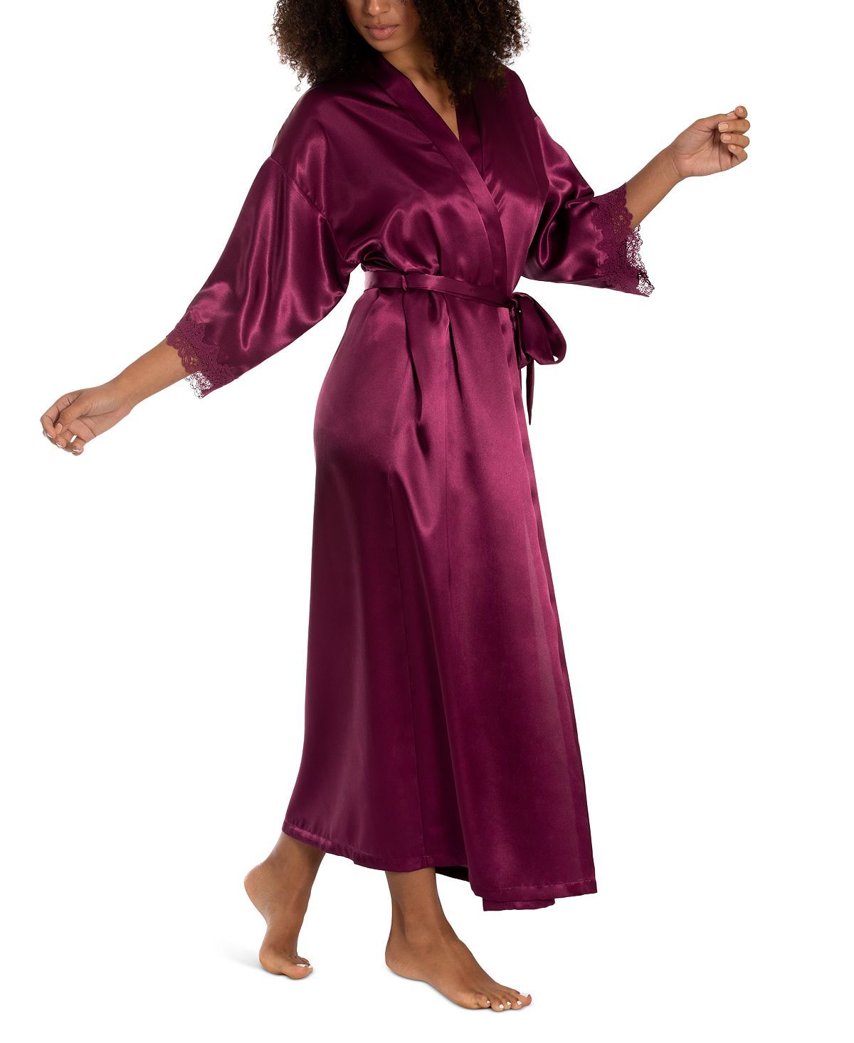 Linea Donatella Lace-trim Long Charmeuse Satin Wrap Robe Magenta ...
