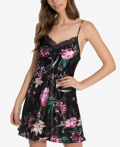 Linea Donatella Tropic Delight Charmeuse Satin Chemise Nightgown Navy