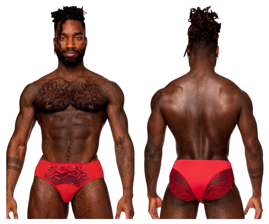 Male Power Men's Underwear 492-280 Sassy Lace High-Waisted Bikini with Sheer Mesh Pouch – Red