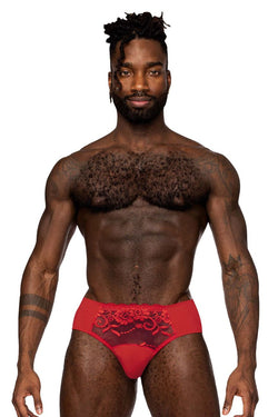 Male Power Men's Underwear 492-280 Sassy Lace High-Waisted Bikini with Sheer Mesh Pouch – Red thumbnail 2