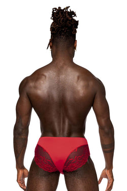 Male Power Men's Underwear 492-280 Sassy Lace High-Waisted Bikini with Sheer Mesh Pouch – Red thumbnail 3