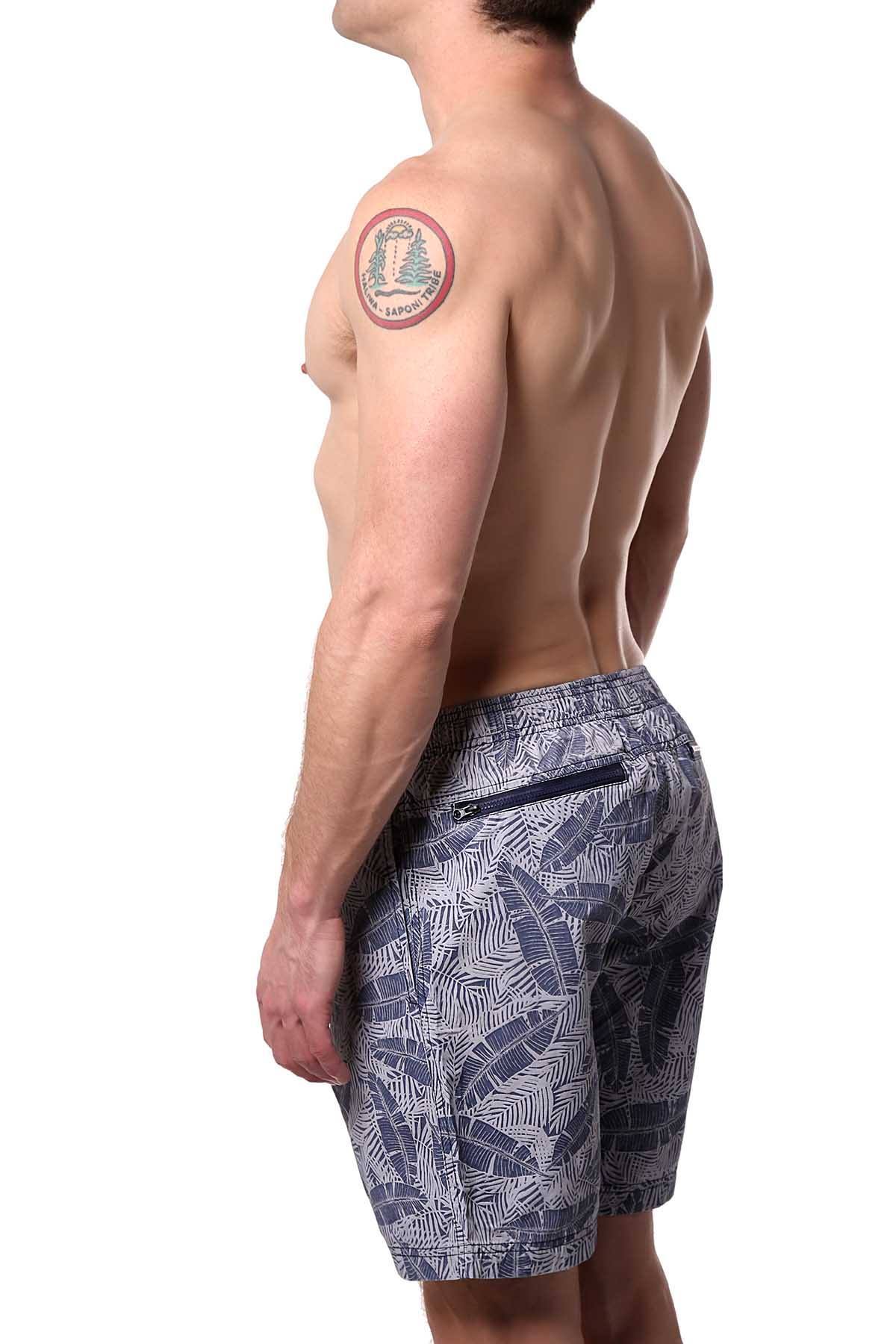 Memphis Blues Navy Fern-Printed Water-Denim Swim Short