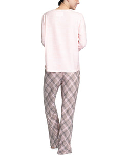 Muk Luks Butter-knit V-neck & Flare-leg Pants Lounge Set Pink Plaid thumbnail 2