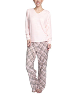 Muk Luks Butter-knit V-neck & Flare-leg Pants Lounge Set Pink Plaid thumbnail 4