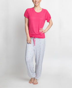 Muk Luks T-shirt & Printed Pants Pajama Set Pink And Stripe thumbnail 1