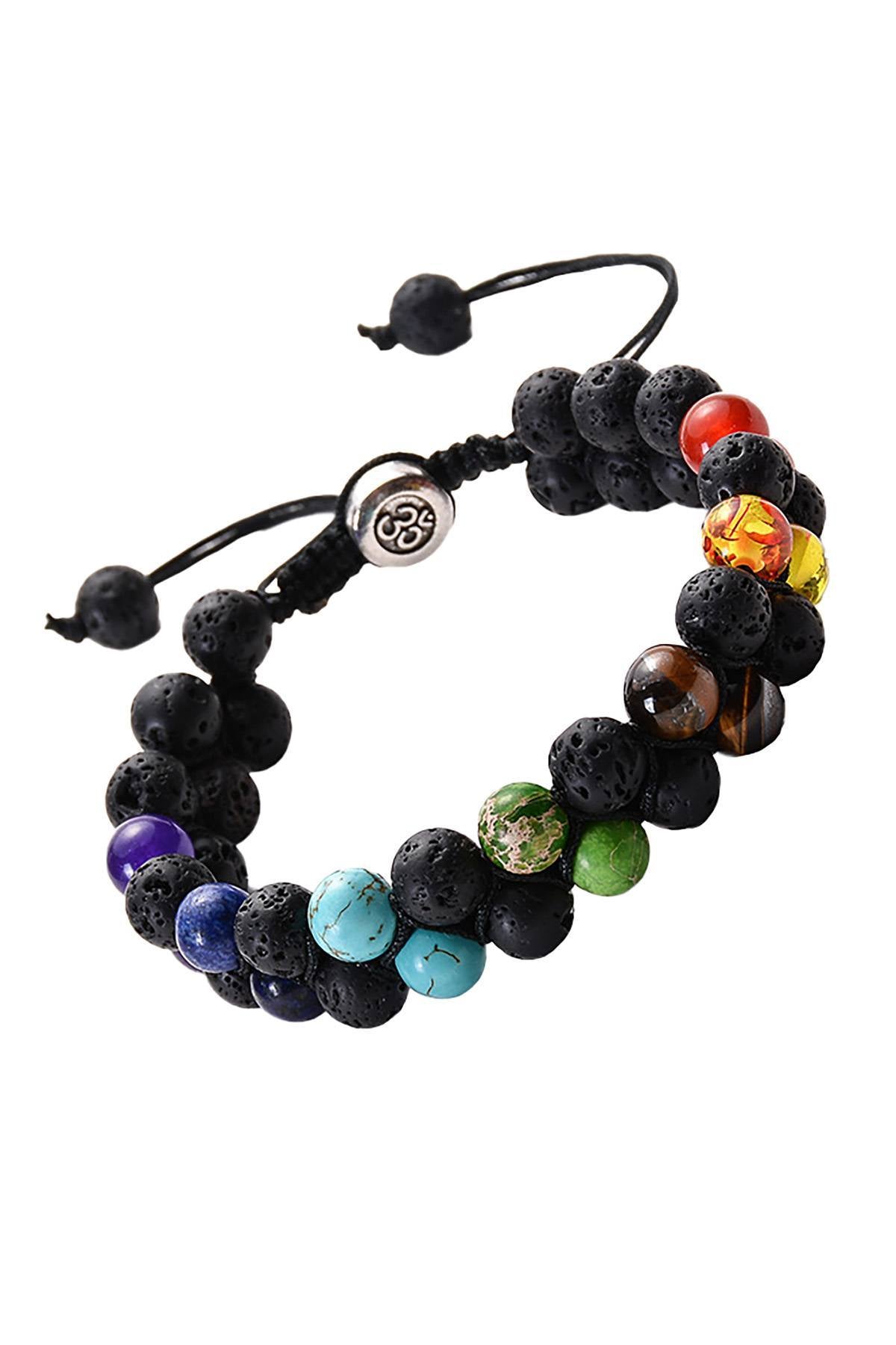 OM Double-Layer Spaced 7-Chakra / Lava Stone Adjustable Healing Bracelet