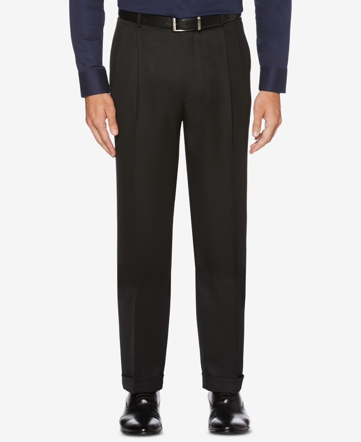 Perry Ellis Portfolio Classic/Regular Fit Elastic Waist Double Pleated Cuffed Dress Pants Black