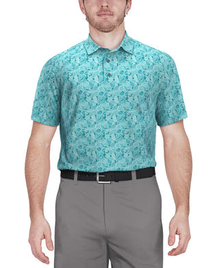 Pga Tour Athletic Fit Short Sleeve Polo Shirt Blue Floral Moisture Wicking