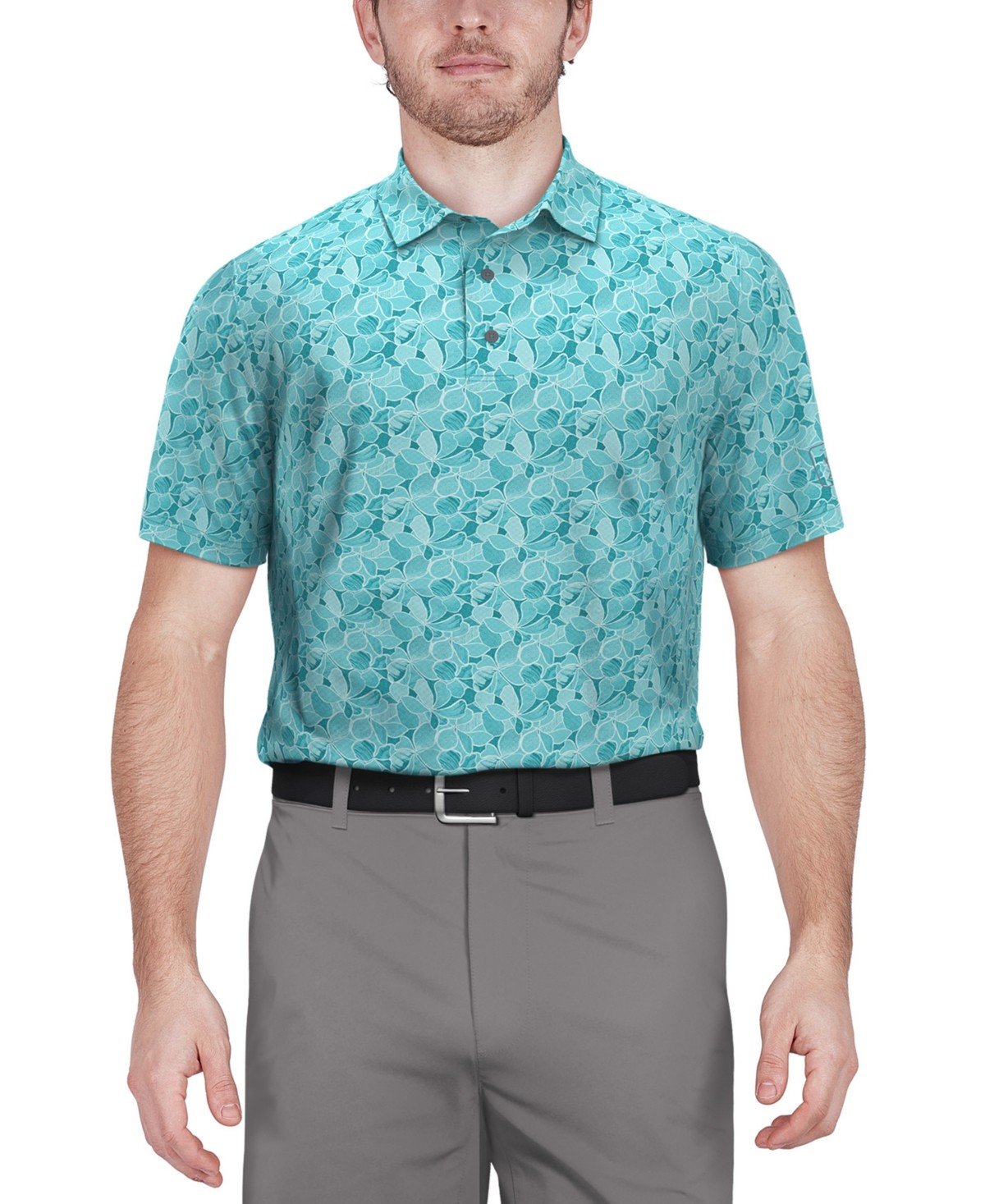 Pga Tour Athletic Fit Short Sleeve Polo Shirt Blue Floral Moisture Wicking