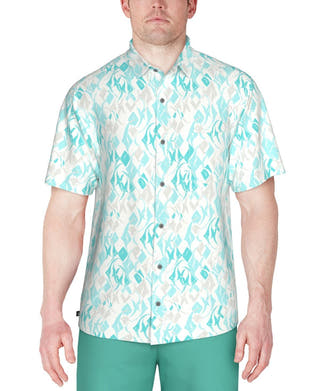 Pga Tour Short Sleeve Button - Front Performance Argyle Fish Shirt - Blue Curacao