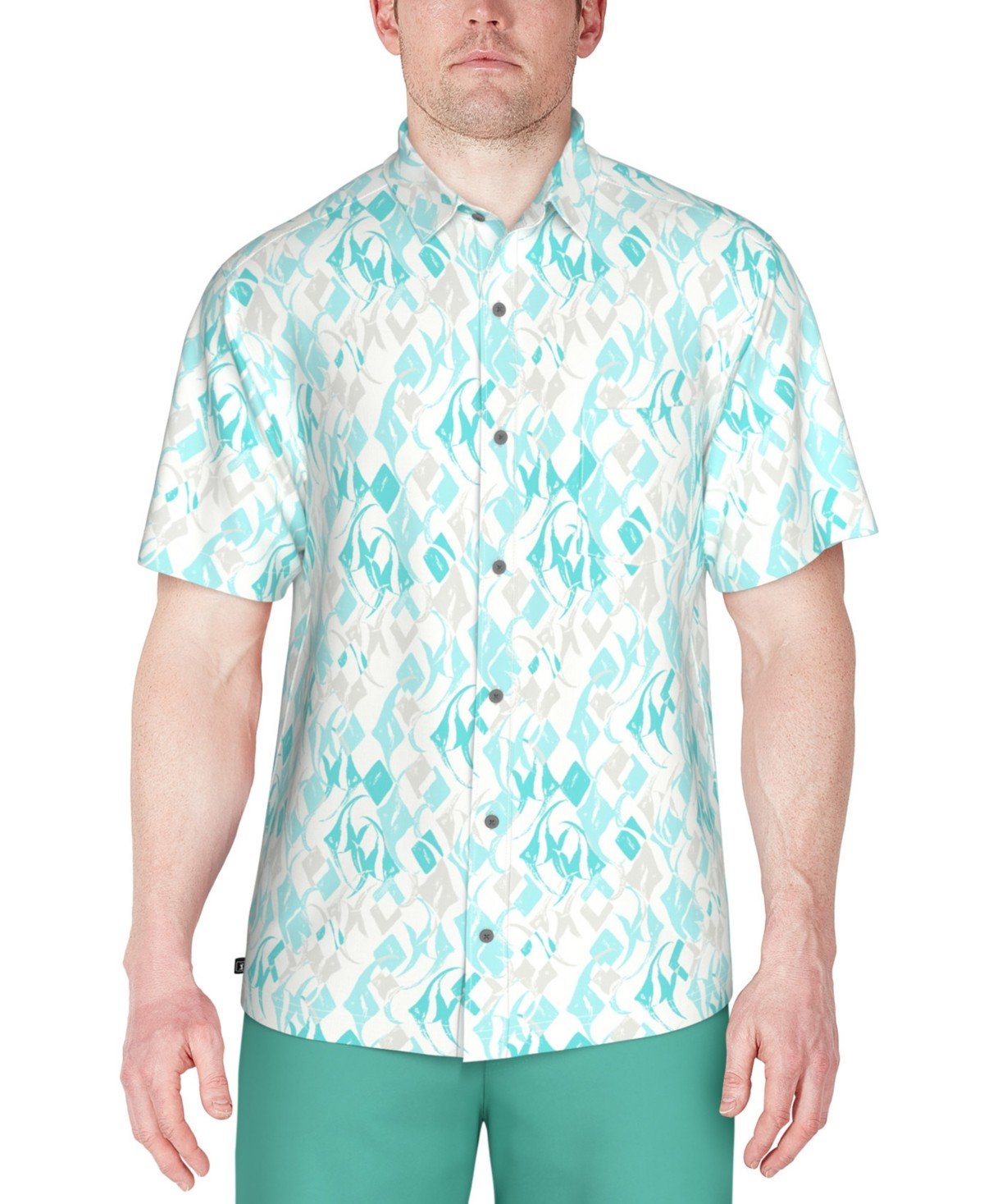 Pga Tour Short Sleeve Button - Front Performance Argyle Fish Shirt - Blue Curacao