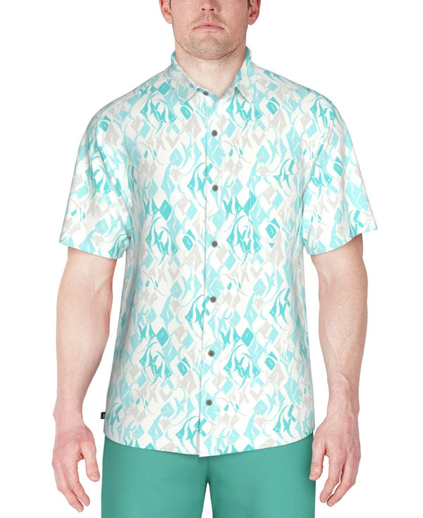 Pga Tour Short Sleeve Button - Front Performance Argyle Fish Shirt - Blue Curacao