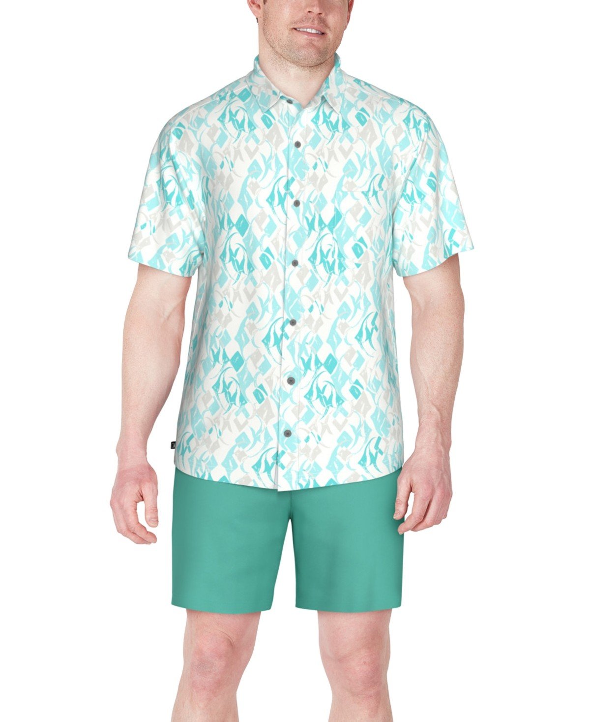 Pga Tour Short Sleeve Button - Front Performance Argyle Fish Shirt - Blue Curacao