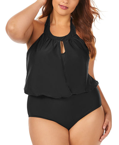Raisins Curve Trendy Plus Juniors' Casablanca Halter Blouson One-piece Swimsuit Black