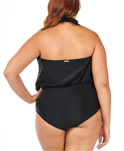 Raisins Curve Trendy Plus Juniors' Casablanca Halter Blouson One-piece Swimsuit Black