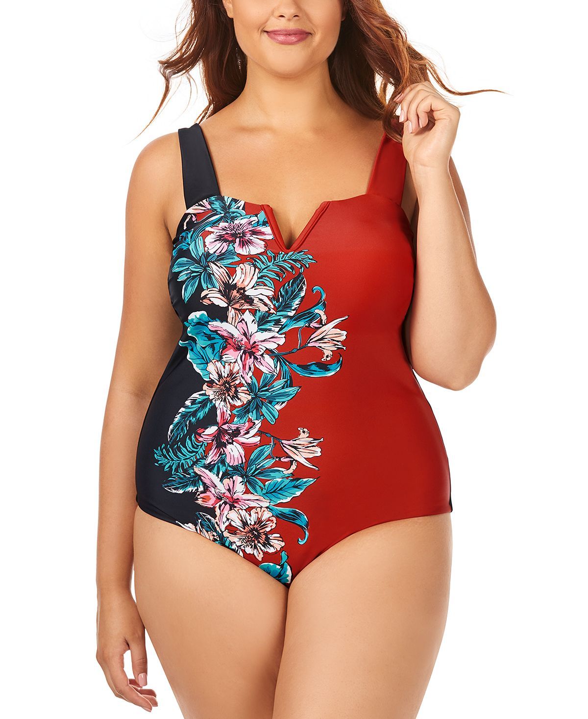 Raisins Curve Trendy Plus Juniors' Printed Rosalie V-wire One-piece Swimsuit Spice Market Multi