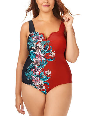 Raisins Curve Trendy Plus Juniors' Printed Rosalie V-wire One-piece Swimsuit Spice Market Multi