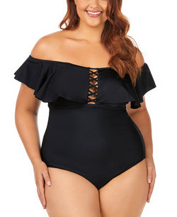 Raisins Curve Trendy Plus Juniors' Solid Caicos Flounce One-piece Swimsuit Black thumbnail 1
