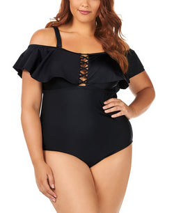 Raisins Curve Trendy Plus Juniors' Solid Caicos Flounce One-piece Swimsuit Black thumbnail 2