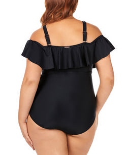 Raisins Curve Trendy Plus Juniors' Solid Caicos Flounce One-piece Swimsuit Black thumbnail 3