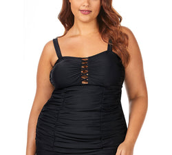 Raisins Curve Trendy Plus Juniors' Solid Grace Bay Tankini Top Black thumbnail 1