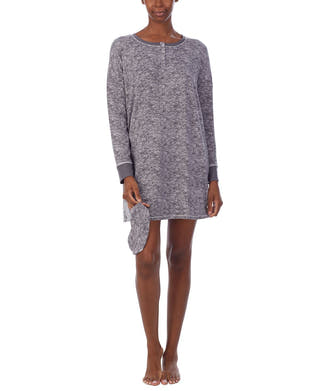 Refinery29 Printed Henley Sleep Shirt & Sleep Mask Set Grey Heather