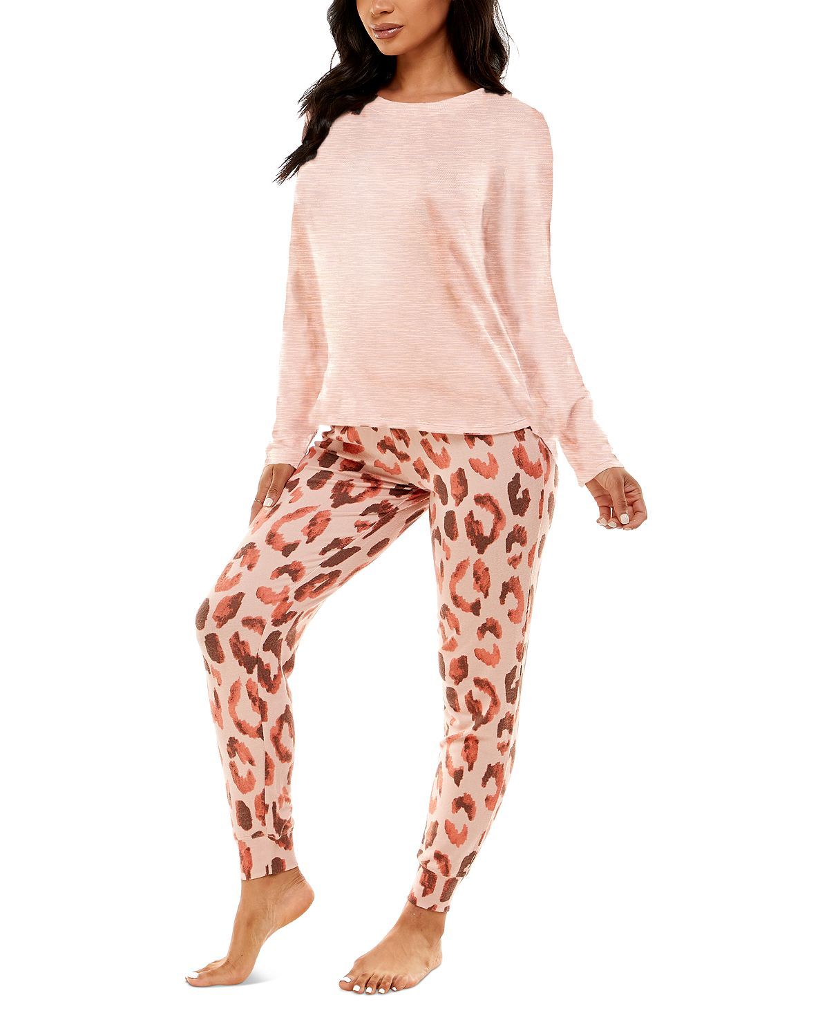 Roudelain Cashmere Luxe Long-sleeve Pajama Set New Copper Solid/above Leopard May Pink (Abp)