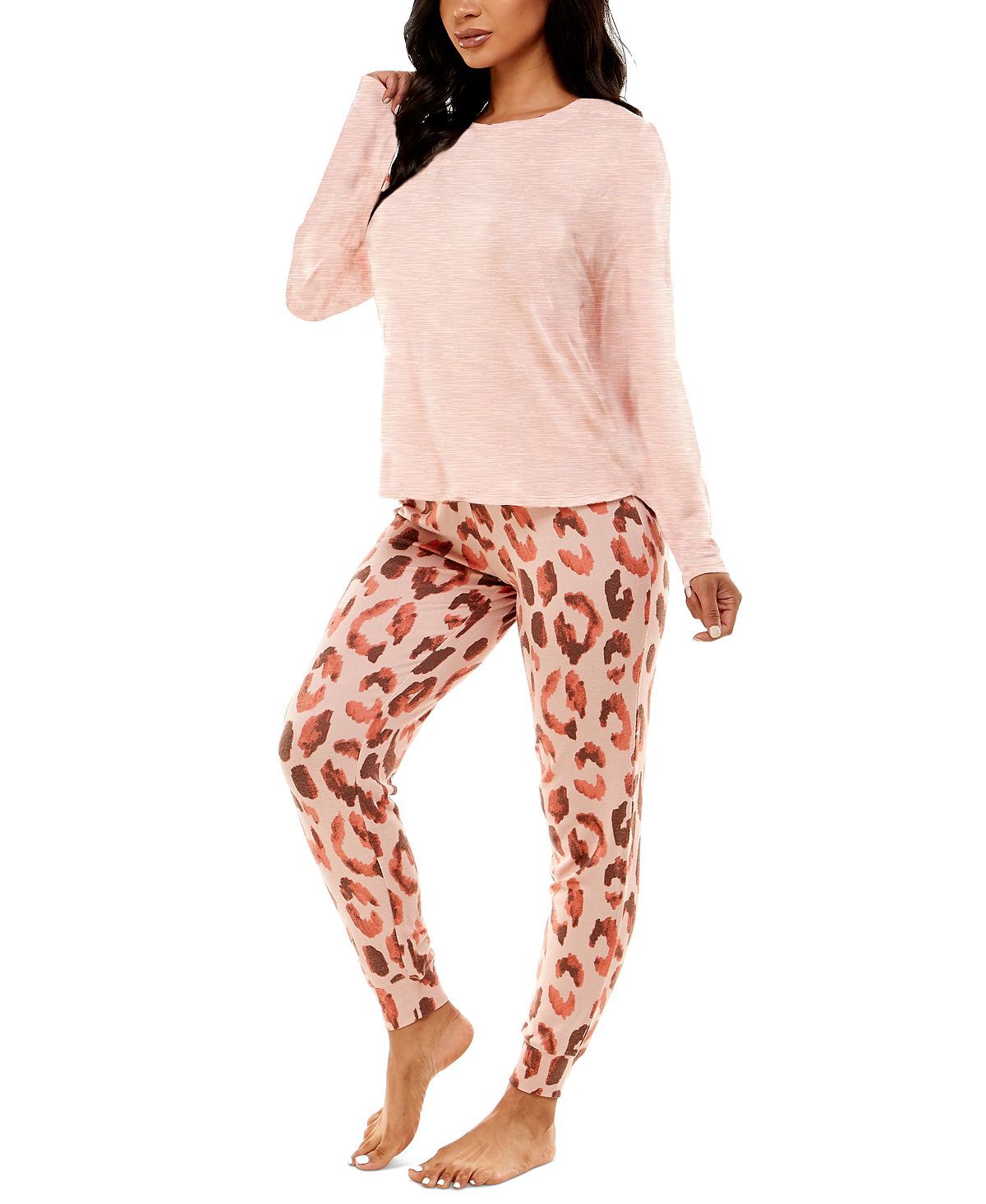 Roudelain Cashmere Luxe Long-sleeve Pajama Set New Copper Solid/above Leopard May Pink (Abp)