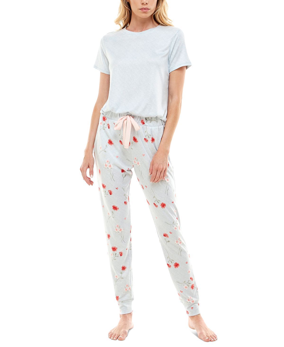 Roudelain Whisper Luxe Short-sleeve Top & Jogger Pants Pajama Set Pearl Blue Spacedye/vday Florals High Rise Sd