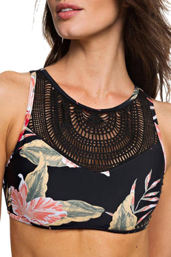 Roxy Anthracite-Black Tropical-Print Mesh-Inset Sea-Lovers High0Neck Bikini Top thumbnail 4
