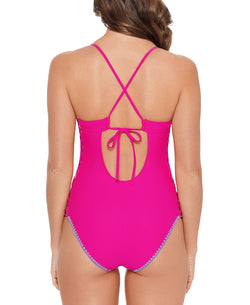 Salt + Cove Salt + Cove Juniors' Shell-stitch Cross-back One-piece Swimsuit Lipstick Pink thumbnail 3